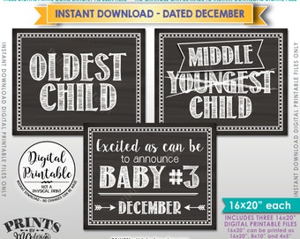3rd Baby Announcement due in DECEMBER, Oldest Middle Youngest, Pregnancy Signs, Instant Download 8x10/16x20” Chalkboard Style Printables