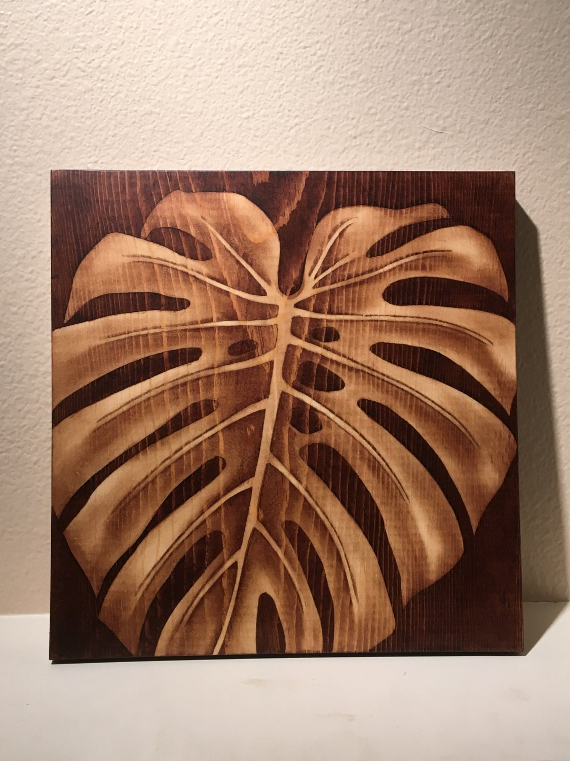 Monstera Wood Stained Art by MakaiArtStudio on Etsy