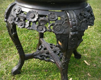 Asian Handcarved plant fern stand high detail marble top antique collectible