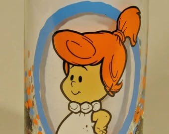 Wilma, Flintstone Kids, Pizza Hut, Hanna-Barbera, cartoon character, cartoon glass, Libby Glass, drinking glass, Fred, Barney, Betty