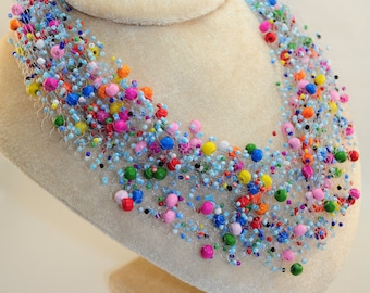 Multicolor beaded necklace jewelry handmade valentine gift for her girlfriend bridesmaid valentine's wedding bridal necklaces crochet
