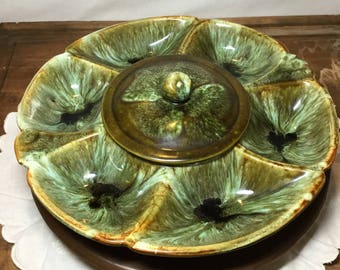 California Pottery Lazy Susan Snack or Relish Tray ~Green Drip Glaze