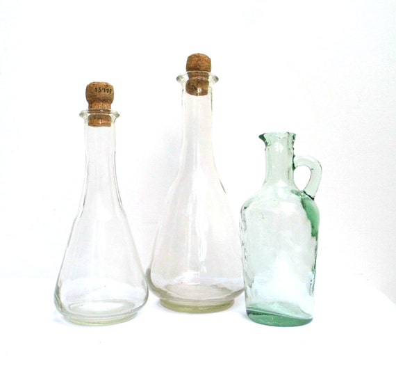 Vintage Clear Green Glass Bottle Oil Vinegar Jug Cruet