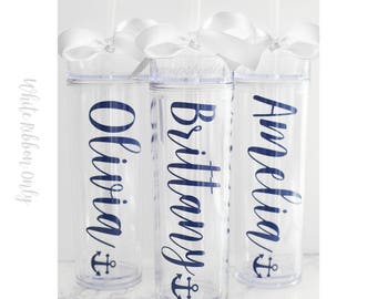 12 Custom tall skinny cups, bridal set, personalized cups, bridal shower gift, wedding gift, wedding favors, bridesmaids gift, Anchor cups
