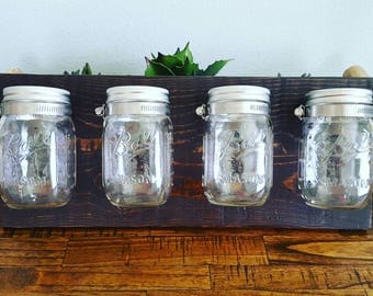 Mason Jar Wall Organizer | Shabby Chic Decor | Rustic Farmhouse | Flower Vases | Fixer Upper | Reclaimed Pallet Wood | Pint Size Mason Jars
