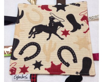 Cowboy tag toy, rodeo baby tag toy, baby crinkle paper, cowboy baby toy