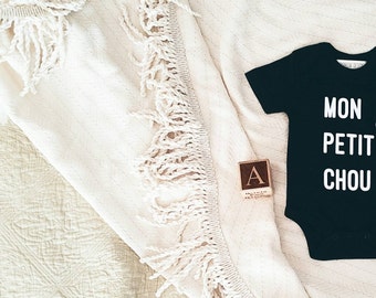 Organic unisex Baby onesie MON PETIT CHOU on black minimal statement onesie