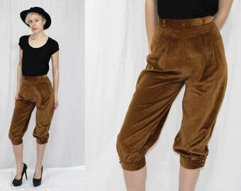 Vintage 70s Brown VELVET High Waist Retro KNICKERS Hippie Boho Crop Dress Pants S