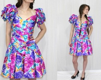 Vintage 80s Bold FLORAL Ruffle Shoulder BOW Retro Full Prom Party Mini Dress XS
