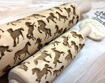 Rolling Pin Wooden Laser Cut Stylish Horses, Racehorses Pattern Embossing