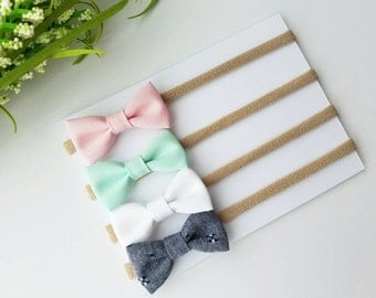 Baby Headbands | Small Bows | Baby Bows | Nylon Headbands | Baby Headband Set | Pink, Mint, White & Denim bitty bows| Newborn Headband