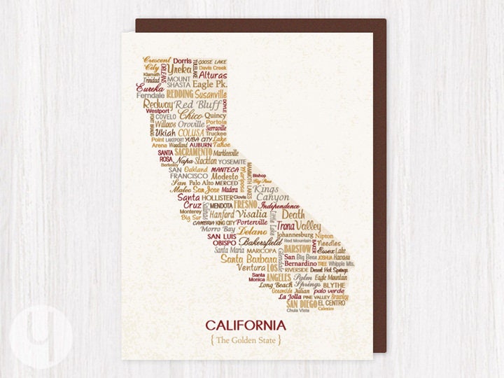 California Typographic (Color) Greeting Card. FREE Shipping! Any Occasion Greeting Card. State Pride Card.