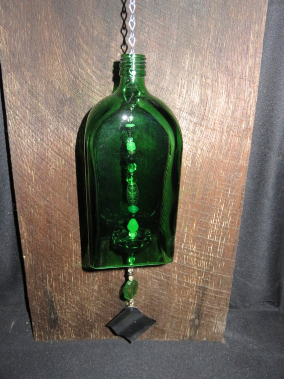 Recycled Jagermeister Liquor Bottle Wind Chime Green Recycled Jagermeister Liquor Bottle Wind Chime Green