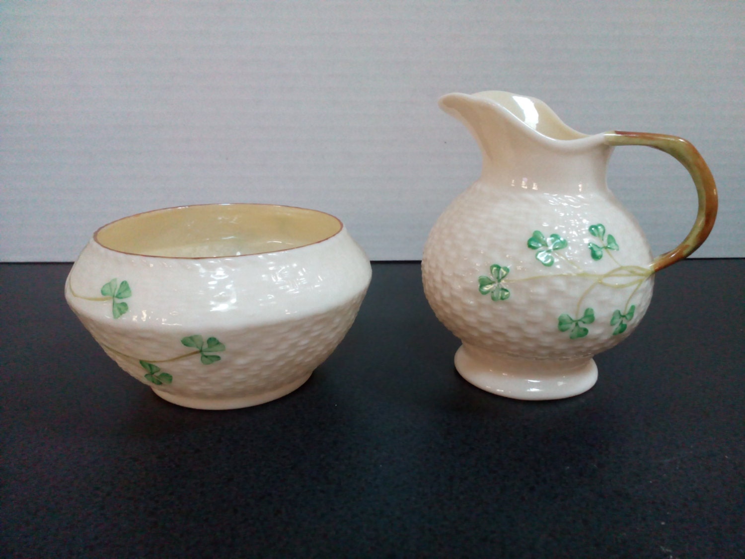 BELLEEK Shamrock Sugar Bowl & Creamer Set 2nd Green Mark