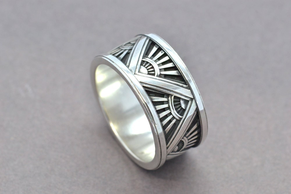 Art Deco Ring, Sterling Silver Ring, Men's Ring, Men's Statement Ring, Wedding Band, Mens Wedding Band, Architecture Ring, Geometric Ring