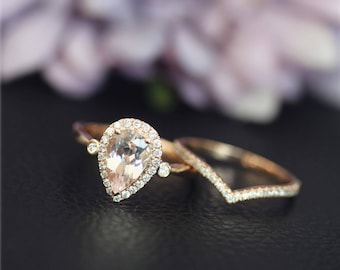 Rose Gold Engagement Ring Set Pear Natural VS Pink Morganite Ring Set, Solid 14K Rose Gold Ring Set, Wedding RingSet Bridal Set,Gifts