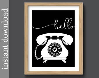 Printable Wall Art, telephone art, hello print, black and white, office art, black home decor, office decor, telephone print, home decor