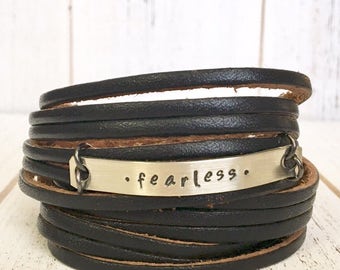 Leather Wrap Bracelet, Shredded, black 'Fearless' soft leather, double wrap, adjustable