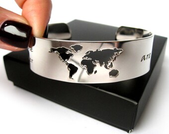 Metal cuff / Mens bracelet / Womens bracelet / Travel bracelet / Not all who wander are lost / Waderlust / Custom bracelet / World Map