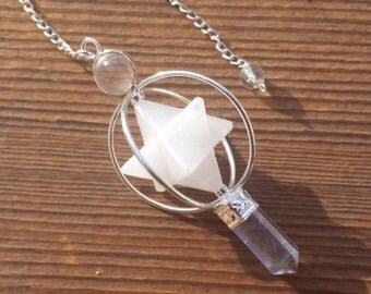 Natural WHITE AGATE GEMSTONE 3 Stone Merkaba Spinning Star Faceted Pendulum