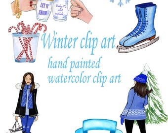 Watercolor Christmas clipart Season Winter clipart Winter fashion clip art Christmas Clipart,Watercolor Hand-Painted Clipart,,Snowflake
