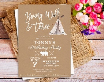 Boho wild tribal birthday young wild & three invitation, camping birthday invitation, camping party birthday invites, summer camping invite