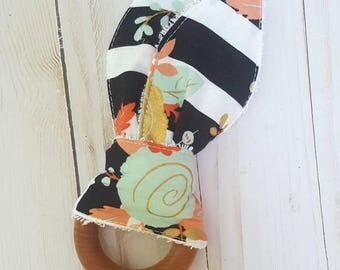 Baby Teething Ring- black and white rose teething toy, baby teether, coral and mint, modern baby, chic baby, baby shower gift for baby girl