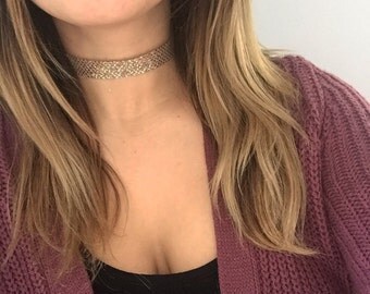 Tan and silver-sparkled ribbon choker