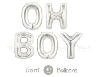 Giant OH BOY Balloons - 40" Inch Mylar Balloons in Letters O-H-B-O-Y - Metallic Silver - Baby Shower Balloons, Baby Shower Decorations