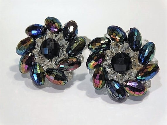 Rhinestone Earrings Clip On Western Germany Mid Century Vintage AB Aurora Borealis Hollywood Wedding Bride Bridal Fashion Jewelry