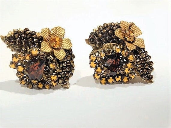 Signed EUGENE Rhinestone Earrings 1950s 50s Mid Century Clip On Designer Eugene Shultz Hollywood Wedding Bronze Glass Seed Bead Amber Topaz