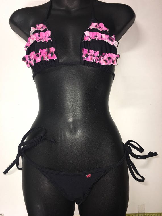 SALE*** MissManeater ONEofaKIND thin frill sliding triangle top + thin bind tie side boutique bikini pant *** SUPER LOW rise!