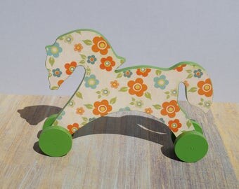 Wooden toy horse push toy on wheels toddler babies gift boy girl green yellow wood little light yellow animal baby rolling kids child’s