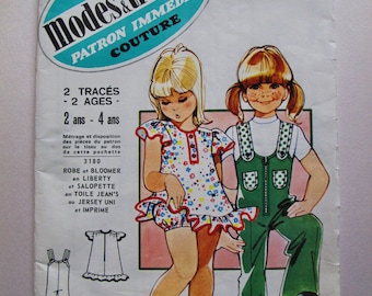 70's french vintage sewing pattern:Girls Dungaree Overall Tunic Dress Bloomer partially cut Sizes 2-4 years/2-4 ans Modes&Travaux 3180