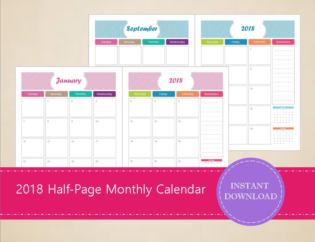 2018 half page monthly calendars printable and editable