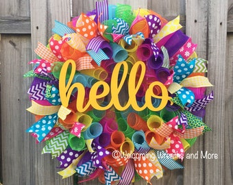 Summer Wreath, Hello Wreath, Colorful Wreath, Hello Deco Mesh Wreath, Summer Mesh Wreath, Spring Wreath