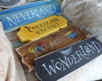 Fairy tale & Storybook signpost sign School reading corner Neverland Hogwarts Rivendell Shire Wonderland 100 Acre Wood Harry Potter Hobbit