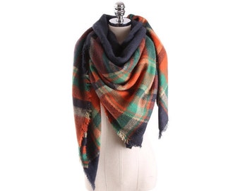 Orange Green and Navy Plaid Blanket Scarf