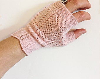 Fingerless Gloves Blush Pink - winter wedding, tea party gloves, pink fingerless gloves, crochet knit gloves, lace gloves, pink knit gloves