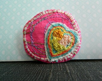 Hand Embroidered Heart Brooch / Textile Art Brooch / Embroidered Fabric Brooch / Gift for Her