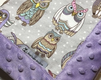 Baby Lovey Blanket - Owls- Flannel and Minky - Security Blanket- Mini Blanket- 19 x 19 -Baby Gift