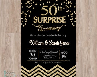 surprise anniversary invitations, 50th Anniversary Invitation, anniversary party invitation, Black and Gold Fiftieth Anniversary, 60th 40th