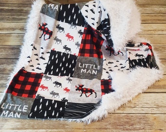 Minky Baby Boy Blanket- Buffalo Plaid Little Man Blanket- Faux Patchwork Minky- Woodland Blanket