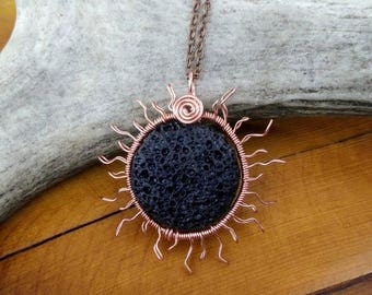 Solar Eclipse Pendant, Copper Wire Sun, Black Lava Bead, Wire Wrapped Jewelry, Eclipse 2017, Eclipse Necklace, Black Rock, Volcanic Glass