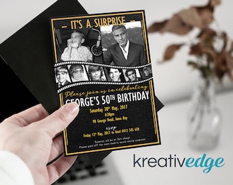 SURPRISE BIRTHDAY INVITATION Black & Gold with photos - 30th, 40th, 50th, 60th, 70th, 80th birthday invitation! Digital File Only
