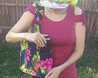 Tropical flowers vs bird cage bag, bright colors, pink, lavender, woman's gift, reversible tote, diaper, travel, book, purse, pocket, zipper