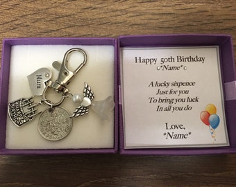 Personalised 50th birthday gift lucky sixpence keyring handbag charm 1967 -choice of charms - gift for her