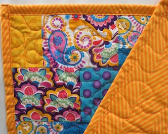 Cheerful Bright Blue Orange Purple Paisley Floral Pieced Quilt Throw