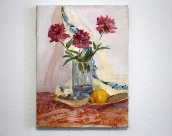 Summer Still Life Peony pink Original oil painting Lemon painting on canvas Gift for bithday Art white wall Flower oil painting Home decor