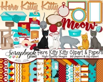 HERE KITTY KITTY Clipart & Papers Kit, 24 png Clip arts, 20 jpeg Papers Instant Download cat kitten feline animals pet litter paw print tags